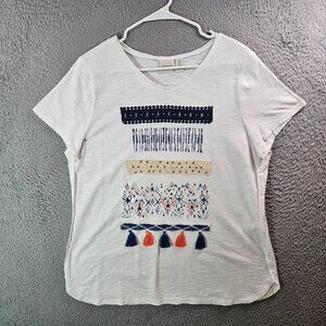 Zenergy Chico's Tee Top Size 2 Artsy Fringe Short Sleeve Stretch White